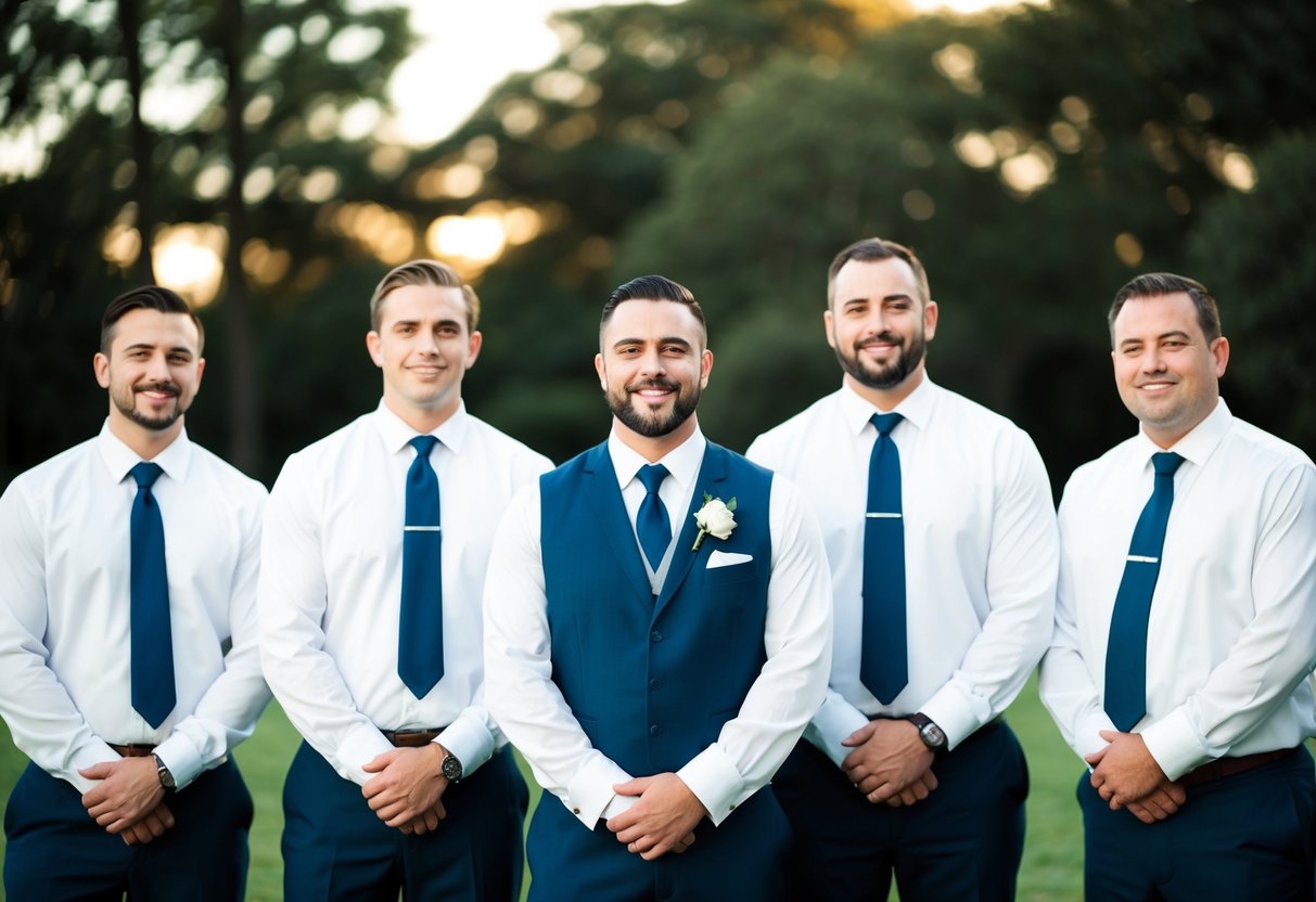 A group of men standing together in formal attire, possibly at a wedding or formal event