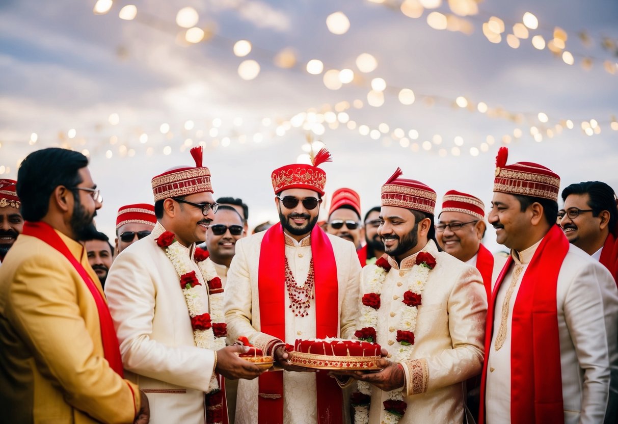 A group of men in traditional attire gather for a wedding celebration