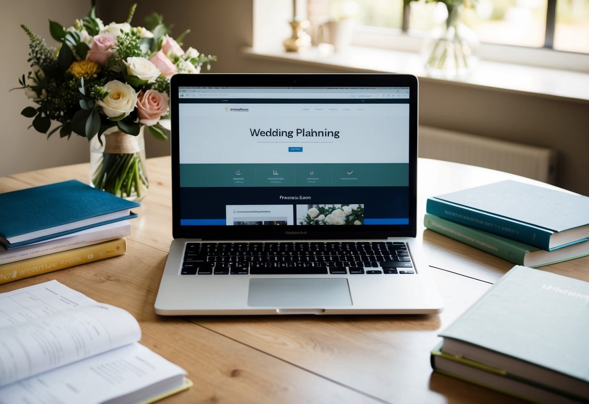 A laptop on a table with a wedding website displayed, surrounded by wedding planning books and a bouquet of flowers