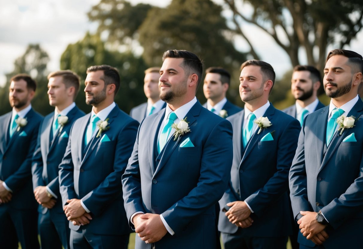 A group of men in matching suits and ties, standing in a row with boutonnieres, in front of a wedding backdrop