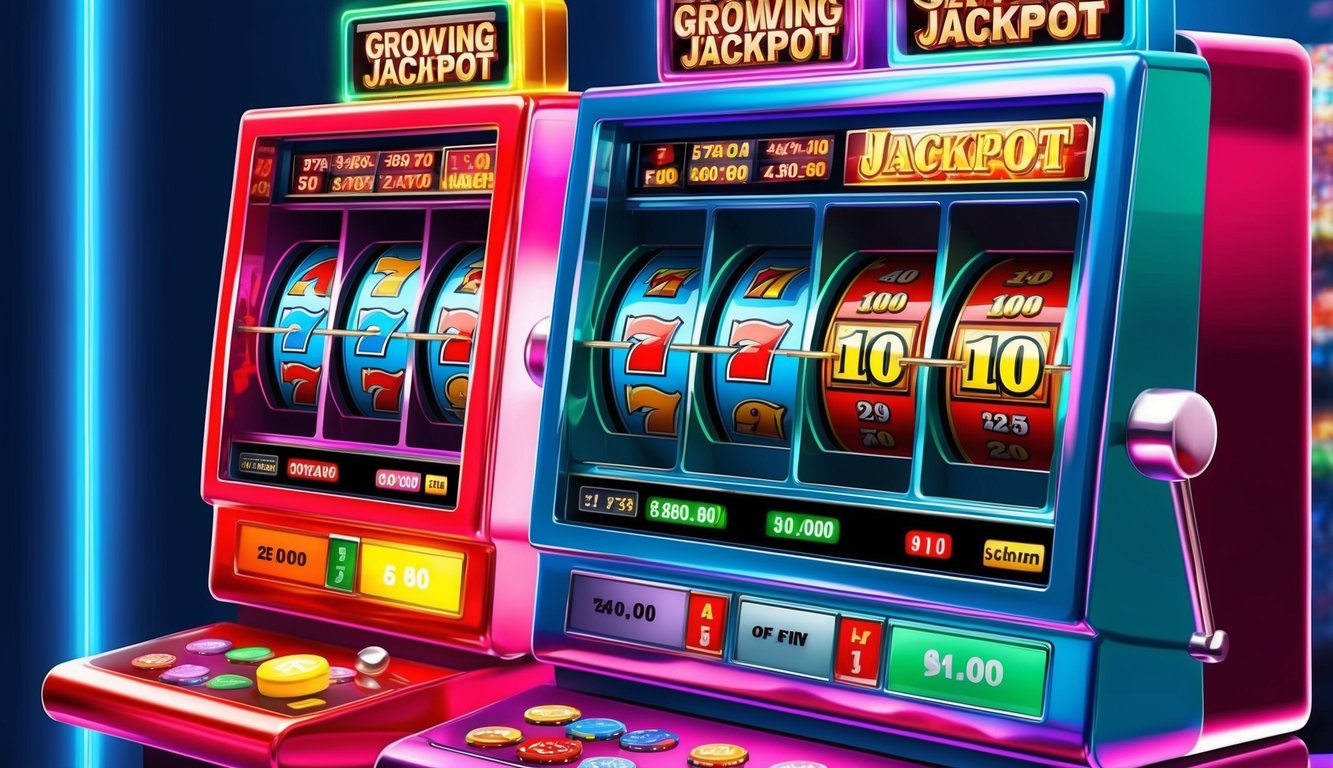 Sebuah mesin slot online berwarna-warni dengan lampu berkedip dan tampilan jackpot yang semakin besar