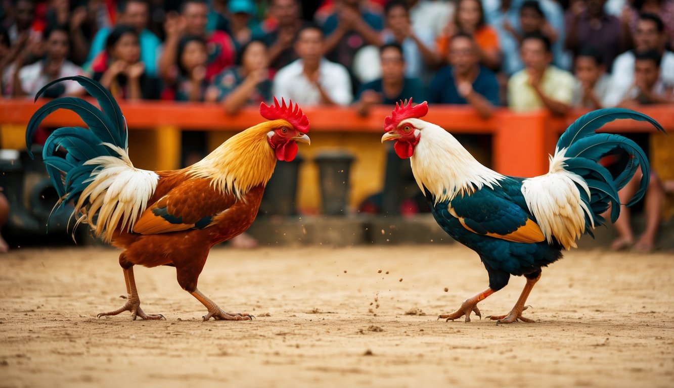 Dua ayam jantan berhadapan di arena sabung ayam tradisional Indonesia, dikelilingi oleh kerumunan penonton yang bersorak-sorai