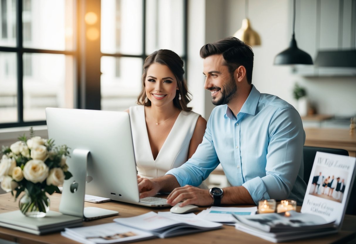 A couple sitting at a computer, comparing wedding website builders. They are surrounded by wedding magazines and notes
