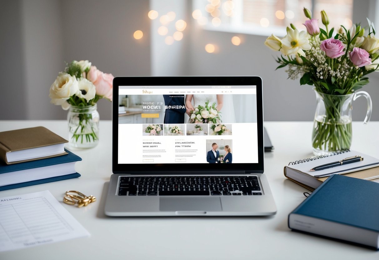 A laptop open on a desk with a wedding website displayed, surrounded by wedding planning books, flowers, and a checklist