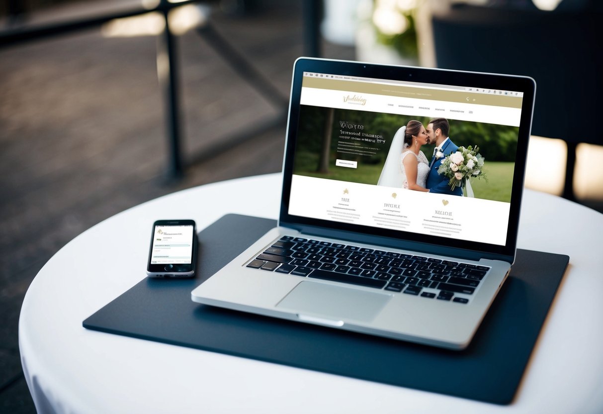 A laptop open on a table, displaying a wedding website with sections for updates, RSVPs, and guest information. A phone nearby shows notifications from the site
