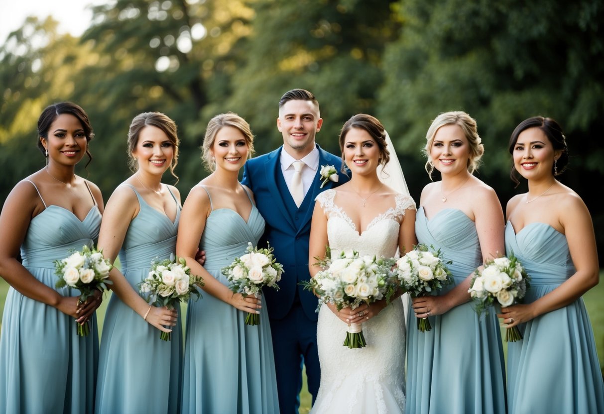 A diverse group of wedding party members stand together, celebrating the union of a couple. A male bridesmaid proudly stands alongside the bride and her female attendants