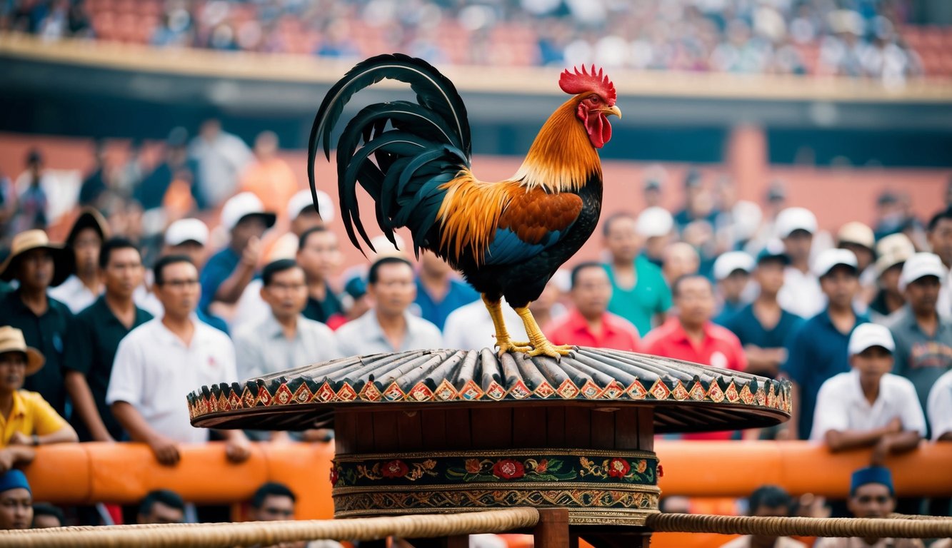 Seekor ayam jantan berkokok di atas arena pertarungan tradisional Indonesia, dikelilingi oleh penonton yang antusias