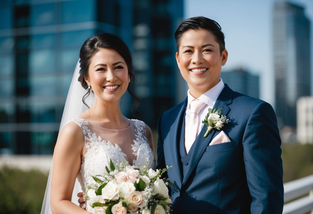 A woman standing beside the groom, holding a bouquet and smiling