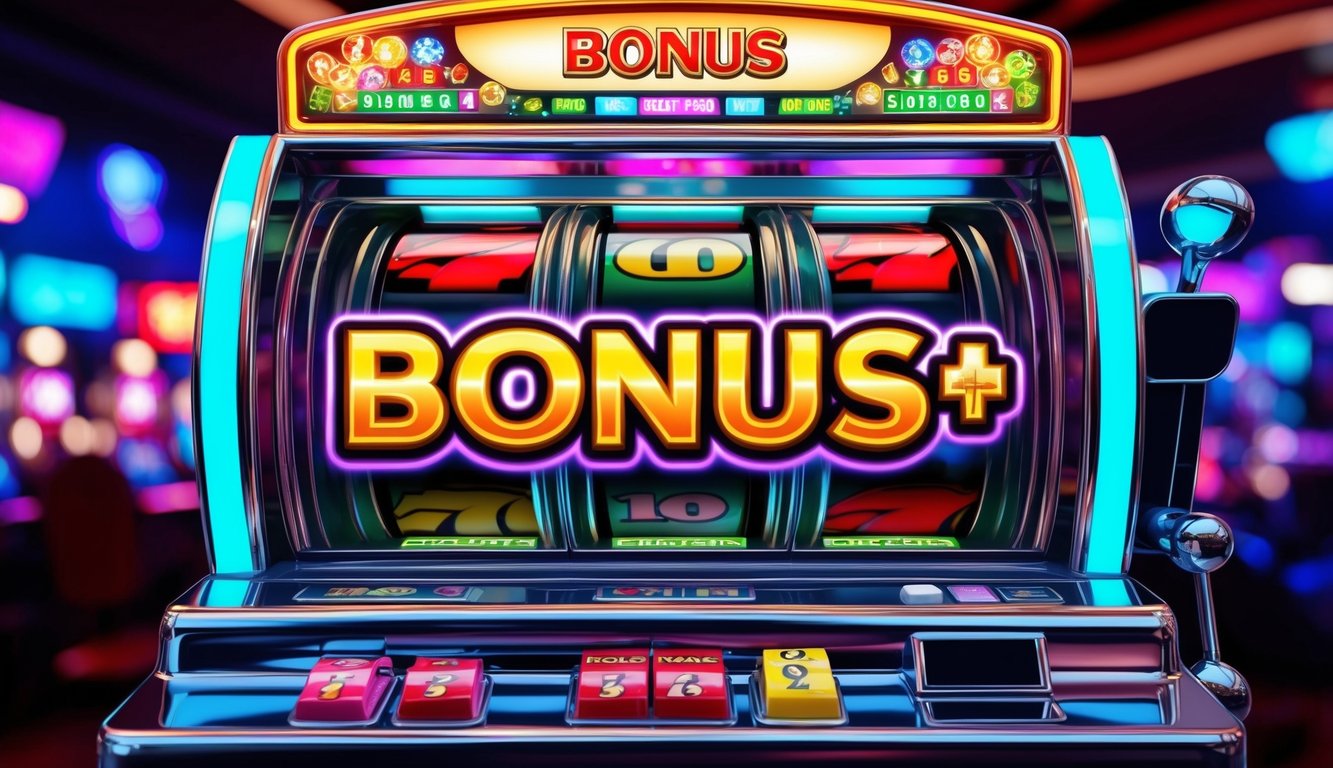 Mesin slot yang cerah dengan lampu berkedip dan tampilan bonus yang besar