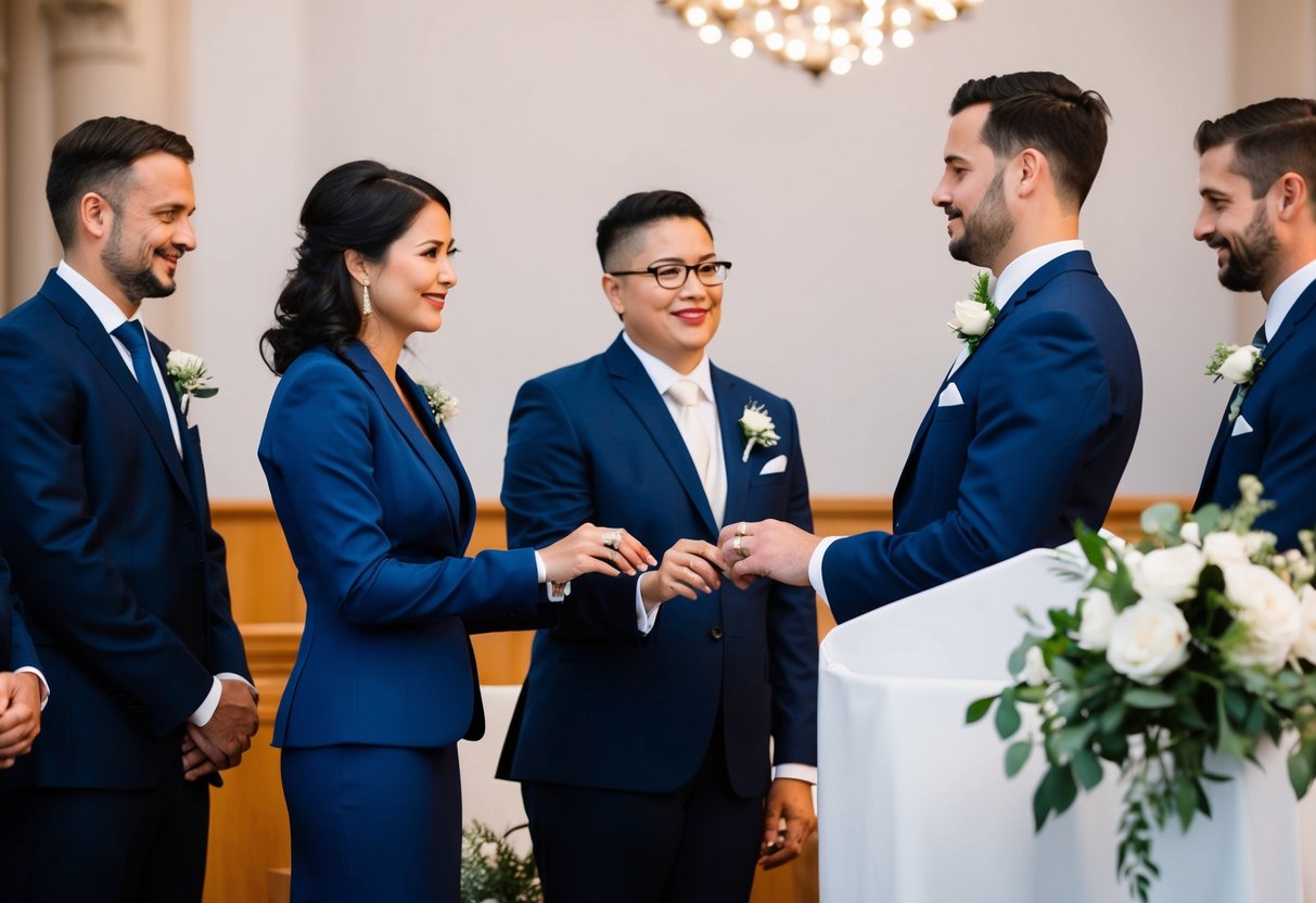 A woman in a suit stands beside the groom at the altar, holding the rings
