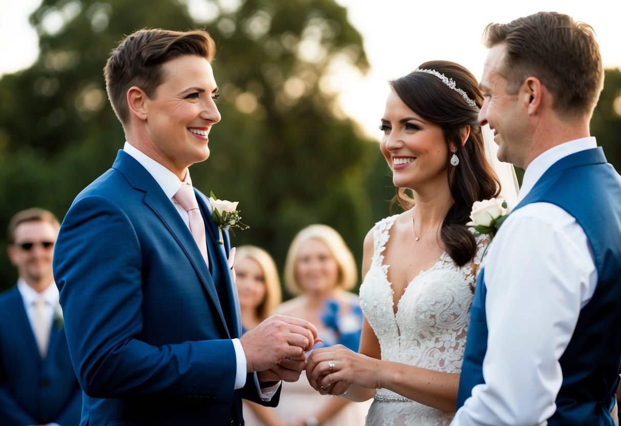 A woman stands proudly beside the groom, holding the rings. She smiles as the couple exchanges vows