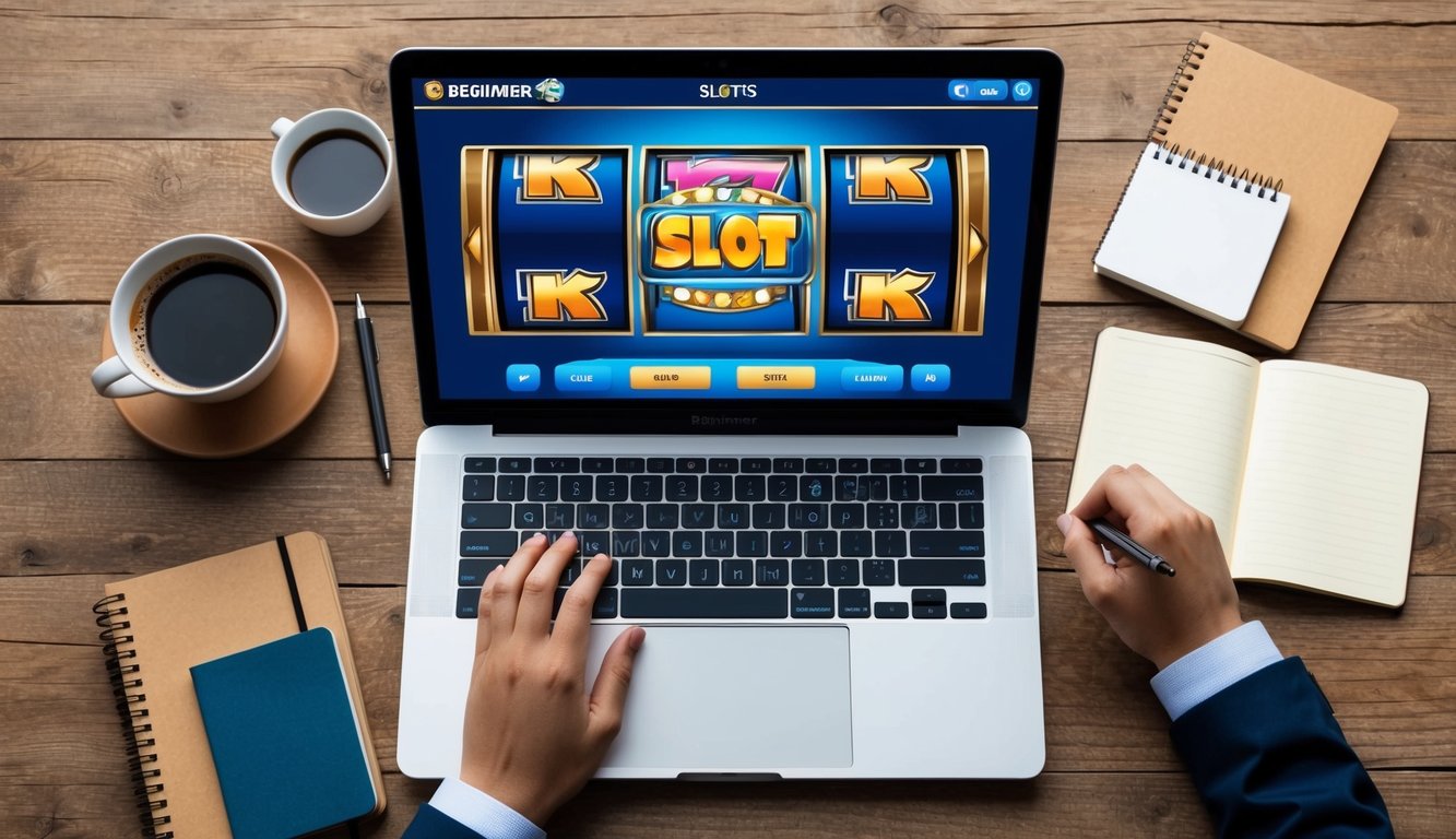 Panduan pemula untuk bermain slot online: Sebuah laptop dengan permainan slot di layar, dikelilingi oleh secangkir kopi dan sebuah buku catatan