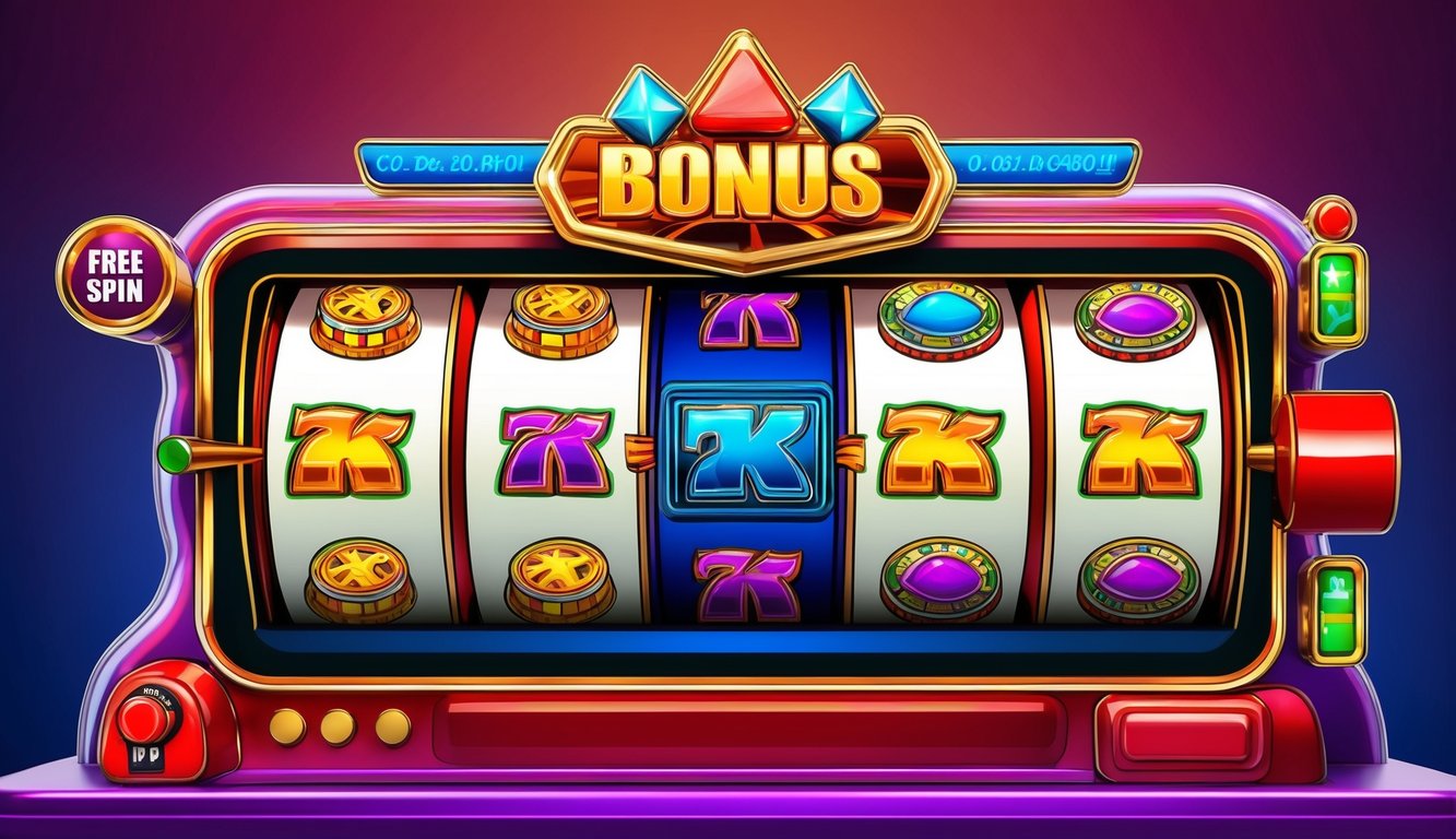 Mesin slot online berwarna-warni dengan simbol bonus dan fitur putaran gratis