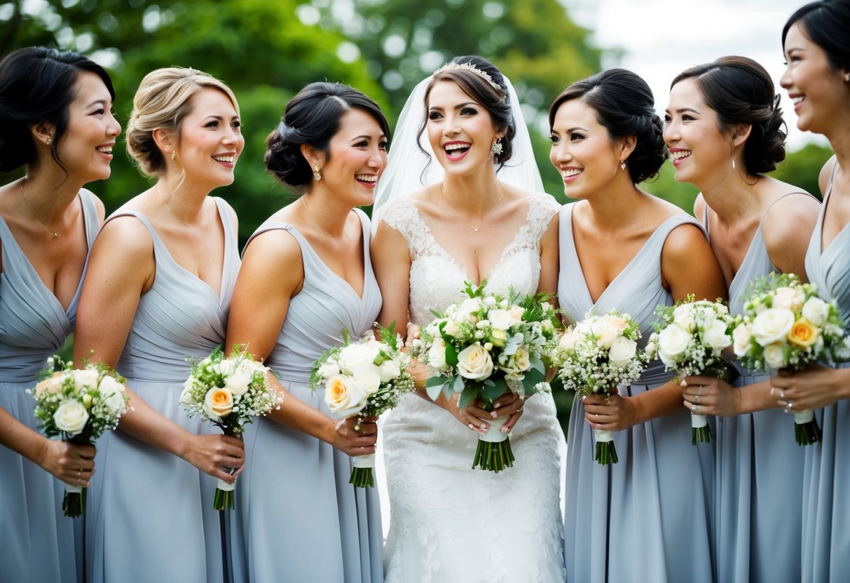 A group of women in matching dresses stand beside a bride, holding bouquets and smiling. The bride appears happy and excited, while the bridesmaids look supportive and attentive