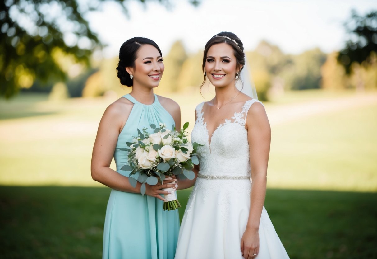 A bride holding a bouquet, standing with a woman in a matching dress, smiling