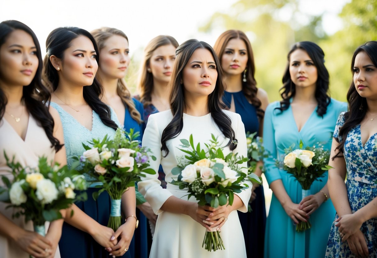 A group of women standing together, some holding bouquets, while one woman is singled out, looking uncertain