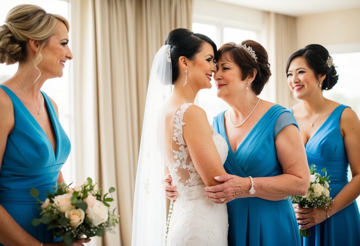 A bride standing with her mother, both dressed in matching bridesmaid attire, sharing a tender moment before the wedding ceremony
