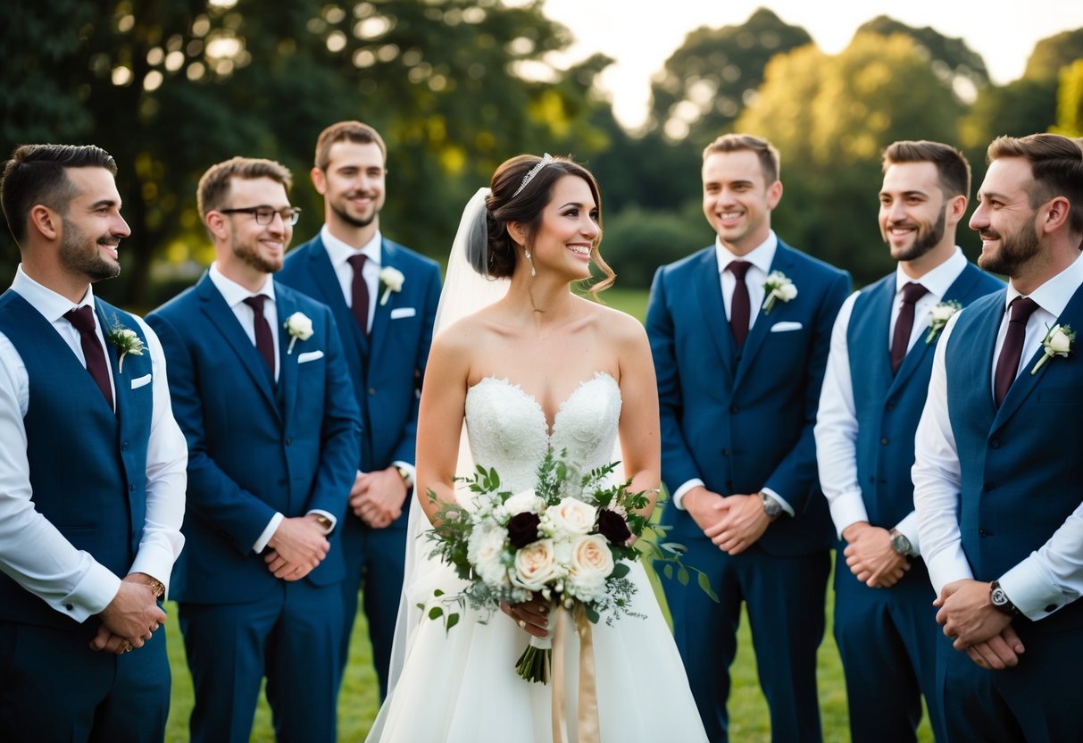 A bride stands surrounded by a group of groomsmen, all smiling and looking towards her