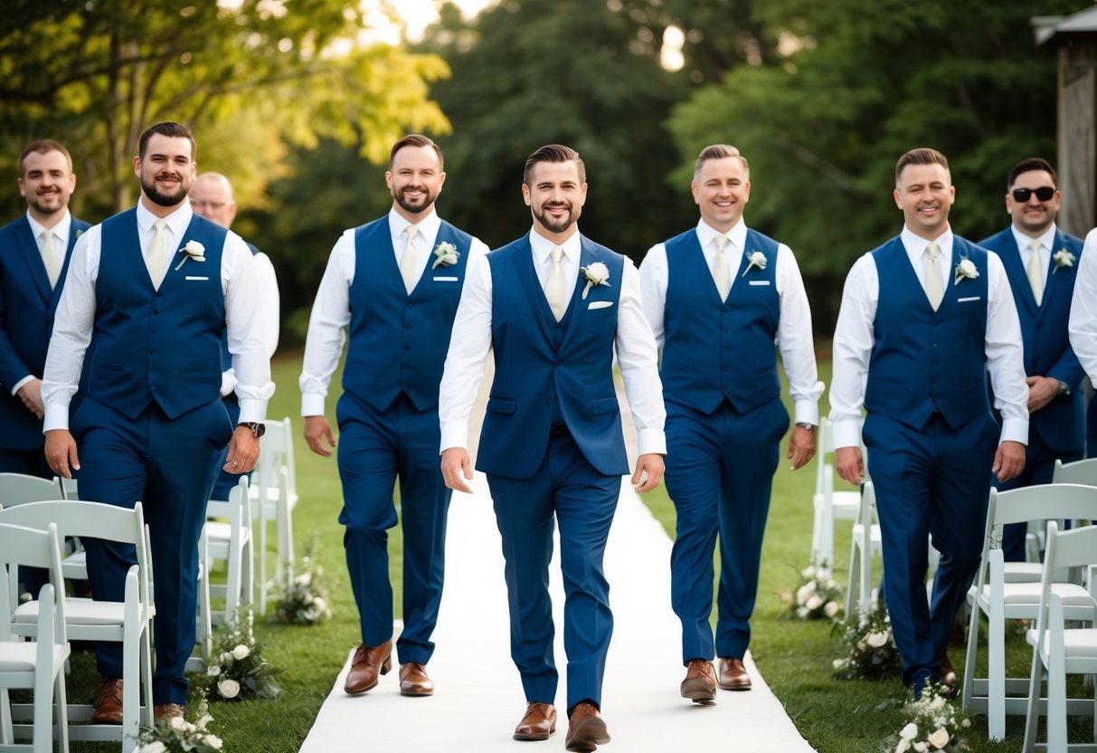 Groomsmen walk down the aisle in pairs, standing tall and confident