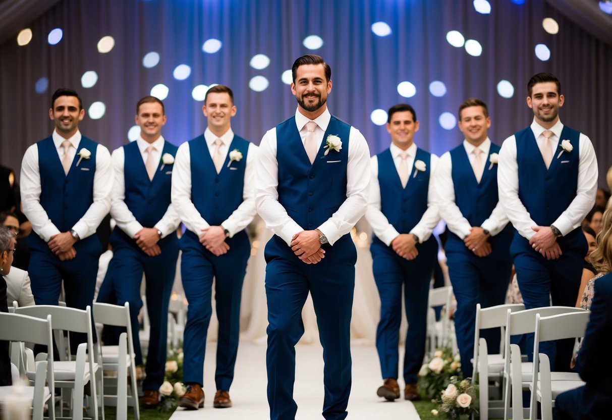 Groomsmen walk down the aisle in pairs, standing tall and confident, with their hands clasped in front of them