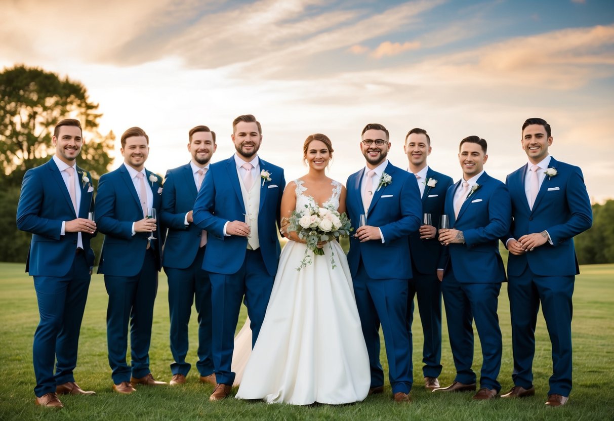 A bride and groomsmen stand together, planning a coed wedding party