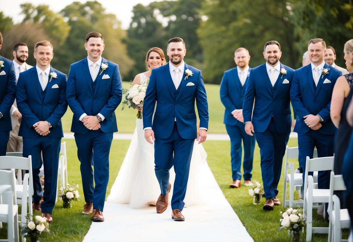 Groomsmen walk down the aisle in pairs, followed by the best man, and then the groom
