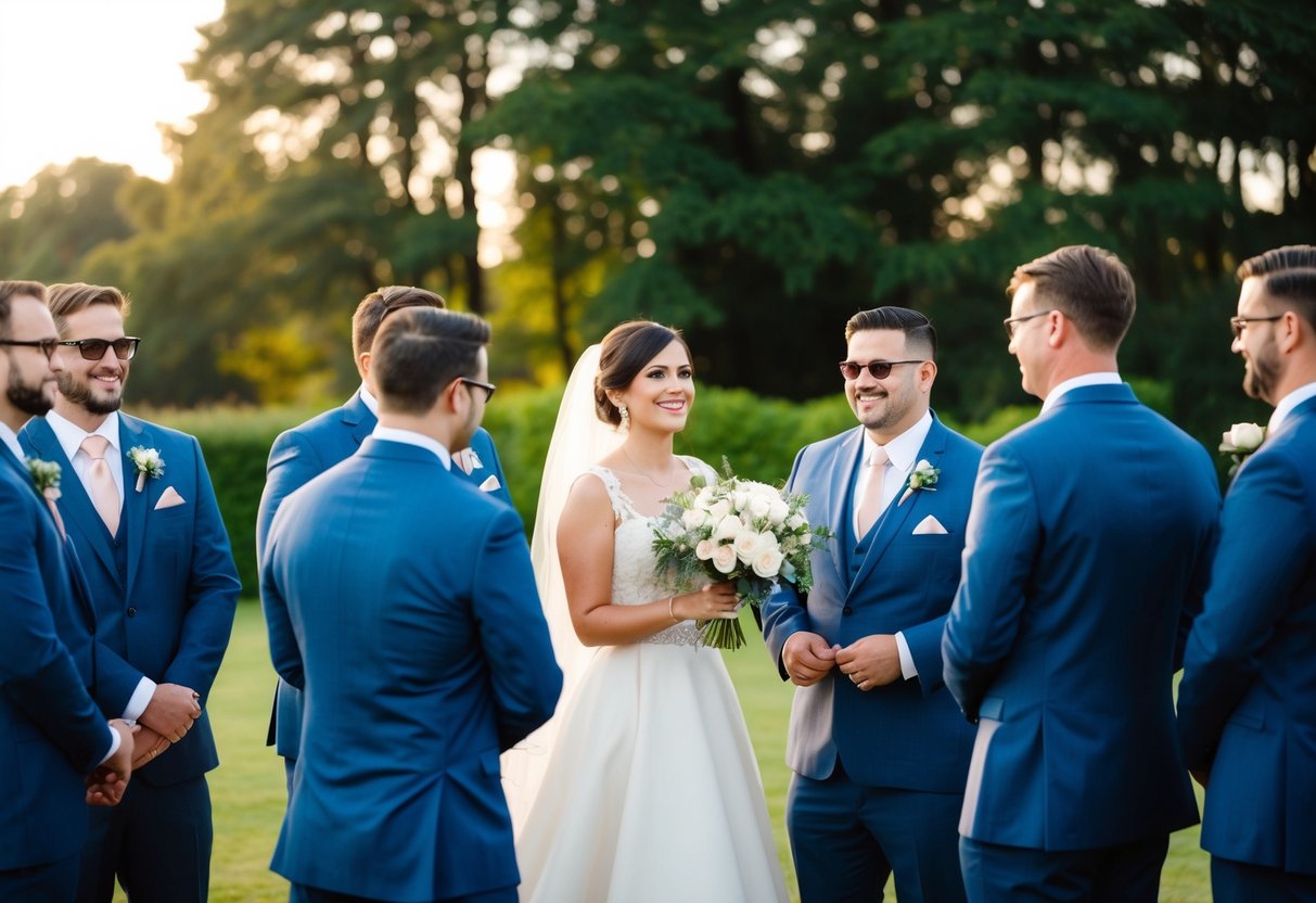 A bride and groomsmen gather for pre-wedding activities and events