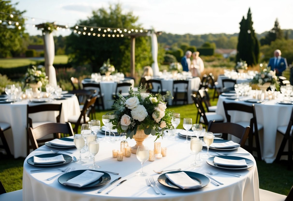 A table set with elegant place settings and floral centerpieces for 40 guests, surrounded by a picturesque outdoor wedding venue