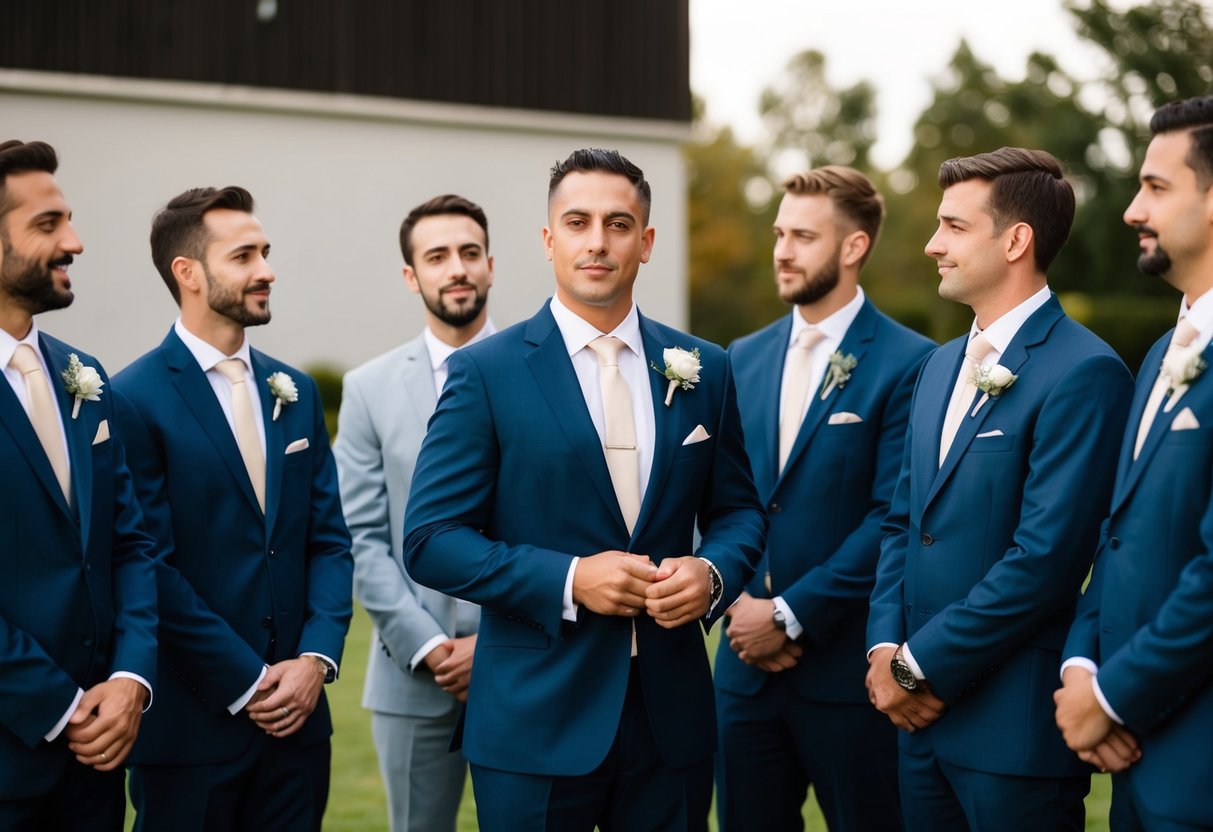 A group of men in formal attire stand together, possibly in a wedding setting, with one man appearing to be the focus of attention