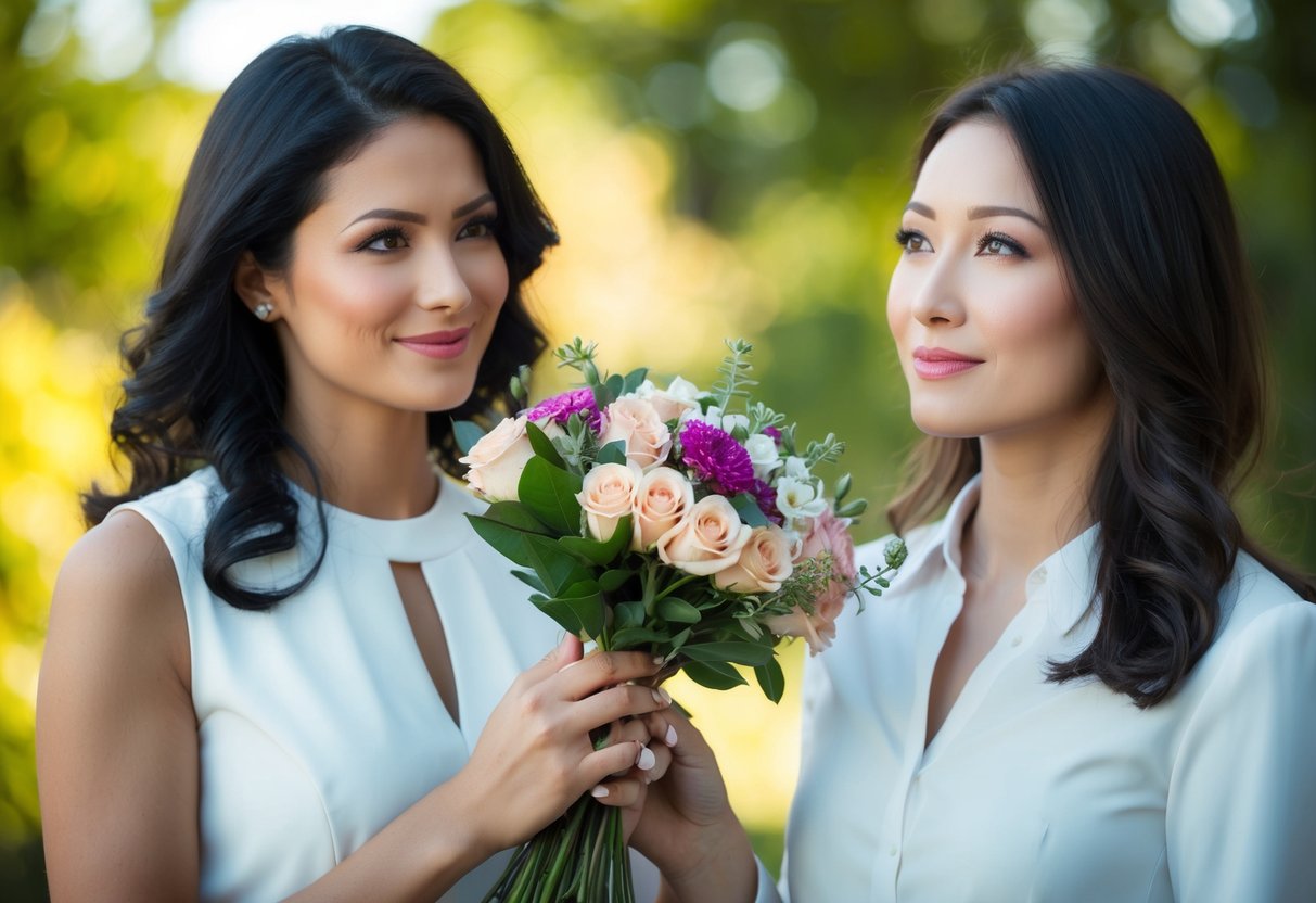A woman holding a bouquet of flowers, standing beside another woman with a thoughtful expression