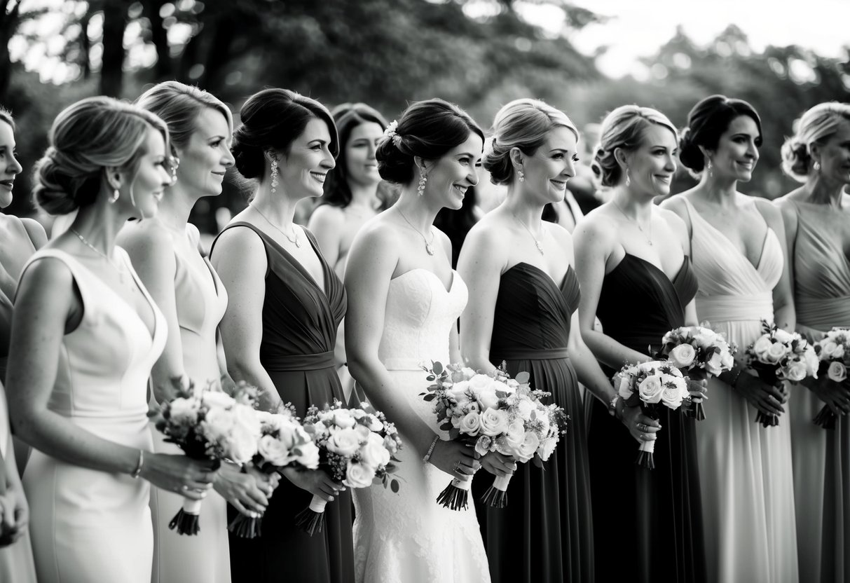 A group of women in elegant dresses stand together, some holding bouquets, while others adjust their attire. The focus is on the camaraderie and support among them