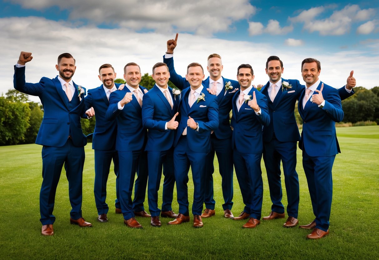 A group of men in suits, standing together with the groom, celebrating and posing for a photo