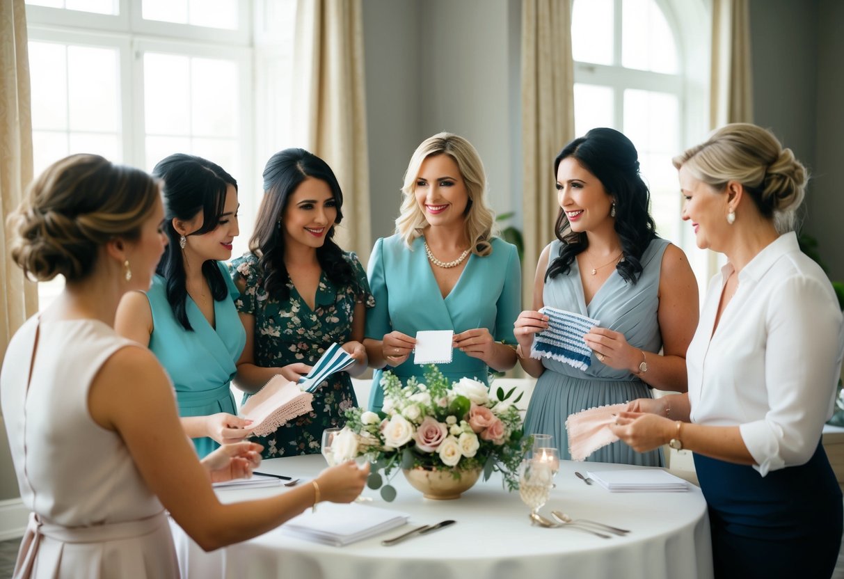 A group of women gather around a table, discussing wedding plans and holding swatches of fabric and floral arrangements