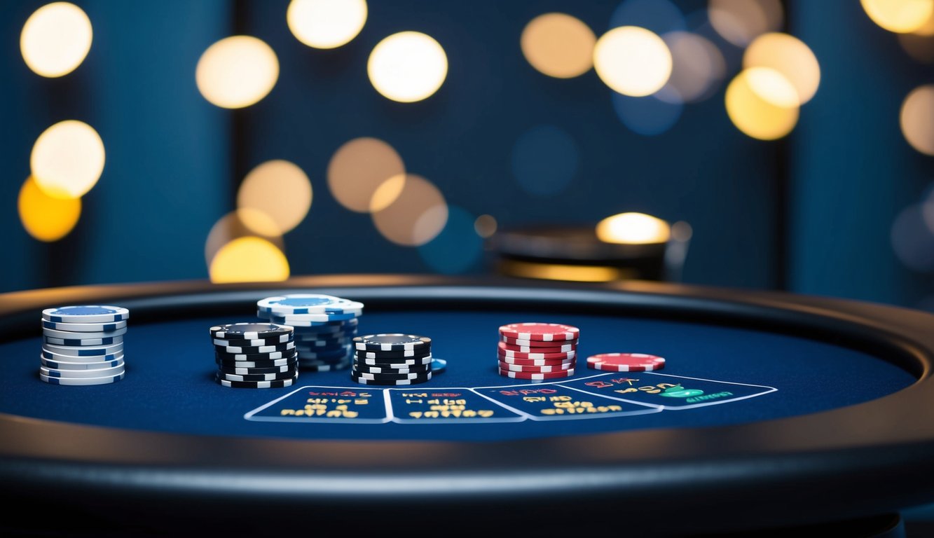 Sebuah meja blackjack online yang ramping dan modern dengan kartu dan chip virtual, diletakkan di latar belakang gelap dengan suasana profesional dan dapat dipercaya