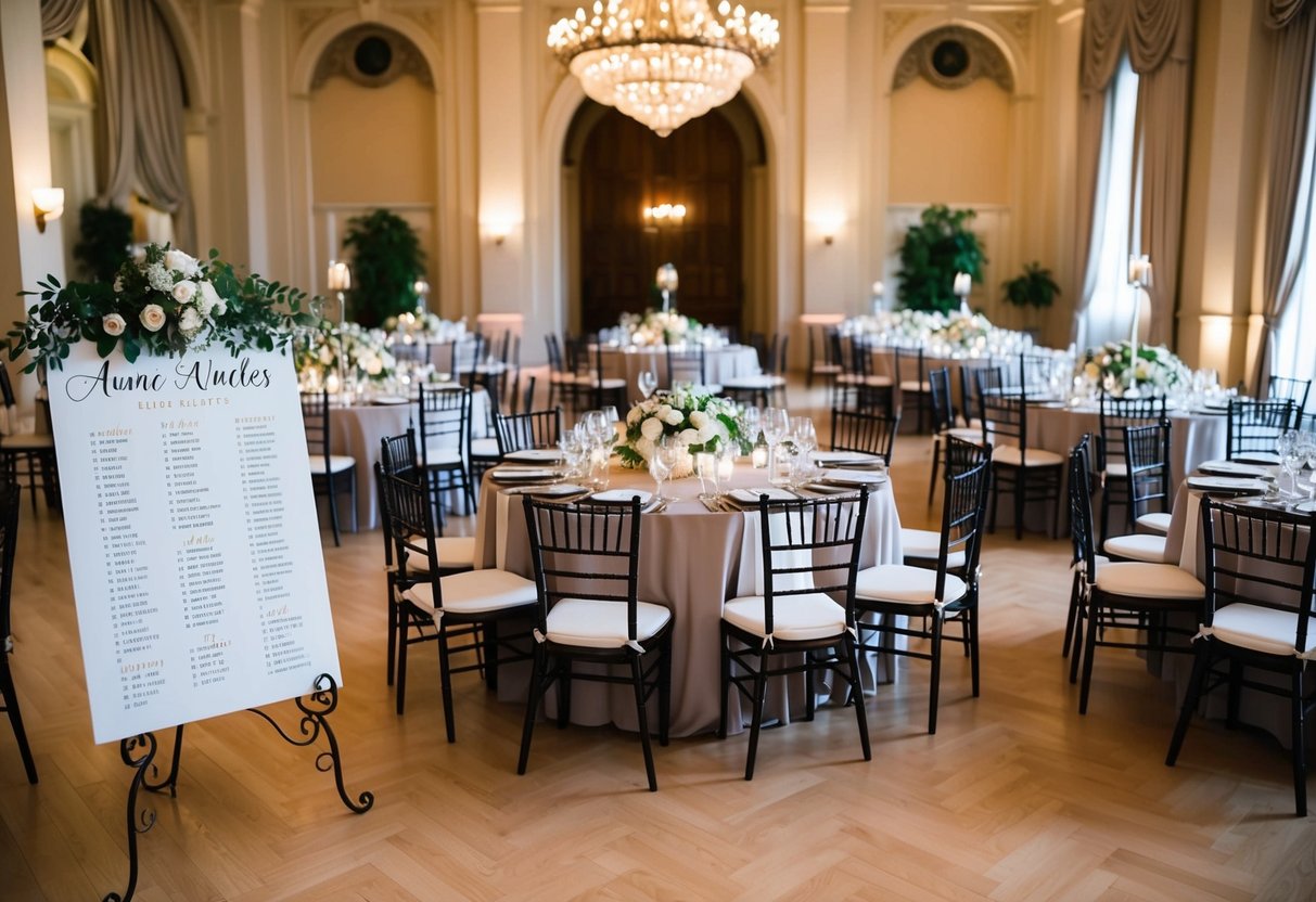 A grand banquet hall with tables set for a wedding reception, elegant decor and place settings, with a seating chart displaying the names of all the aunts and uncles
