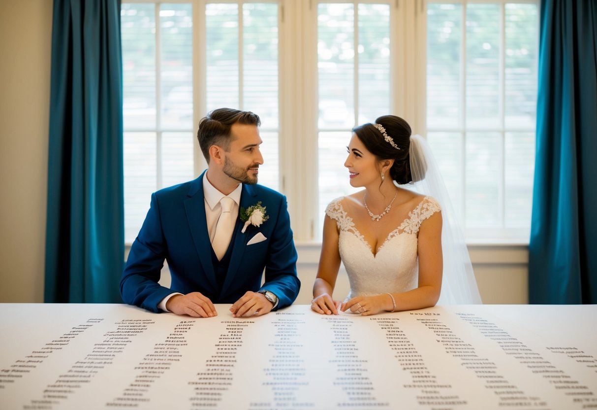 A bride and groom sit at a table, surrounded by a long list of family members’ names. They appear to be discussing who to invite to their wedding