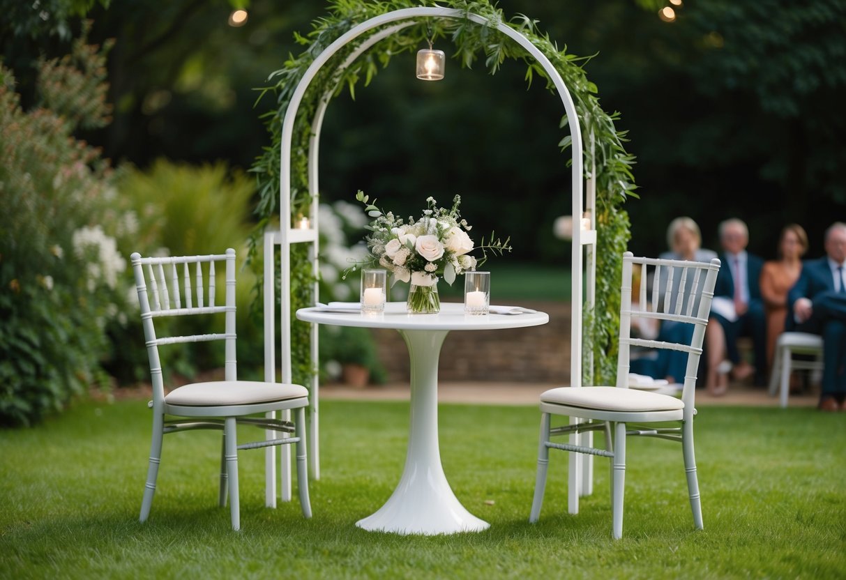 A small wedding in a garden with a single table, two chairs, and a simple floral centerpiece under a small archway