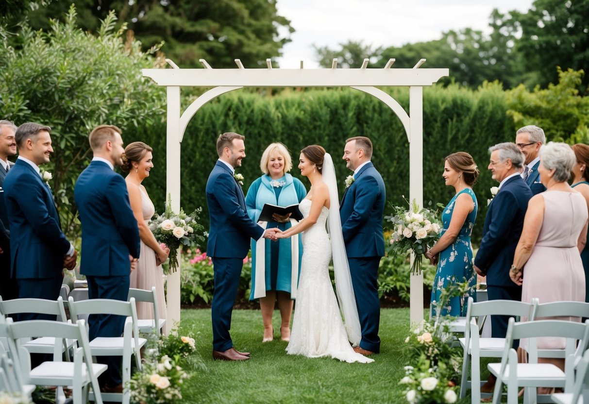 A cozy garden ceremony with a simple arch, surrounded by a few close family members and friends, with a small table set for an intimate reception
