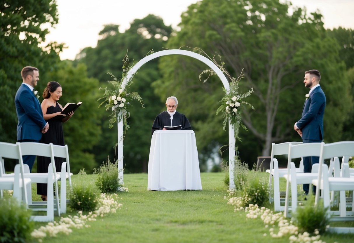 A simple outdoor ceremony with a small archway, a few chairs, and a table for the officiant. Wildflowers and greenery adorn the area