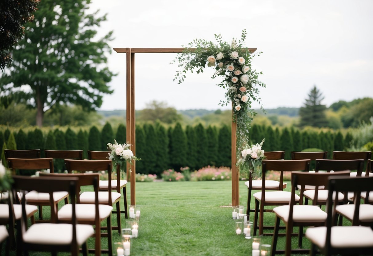 A cozy outdoor garden ceremony with a simple arch, a few chairs, and minimal floral arrangements