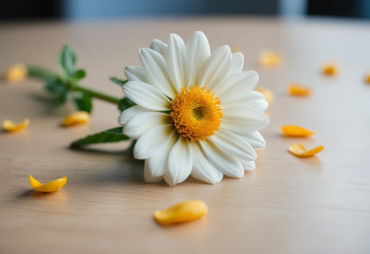 A single flower on a table, surrounded by a few scattered petals