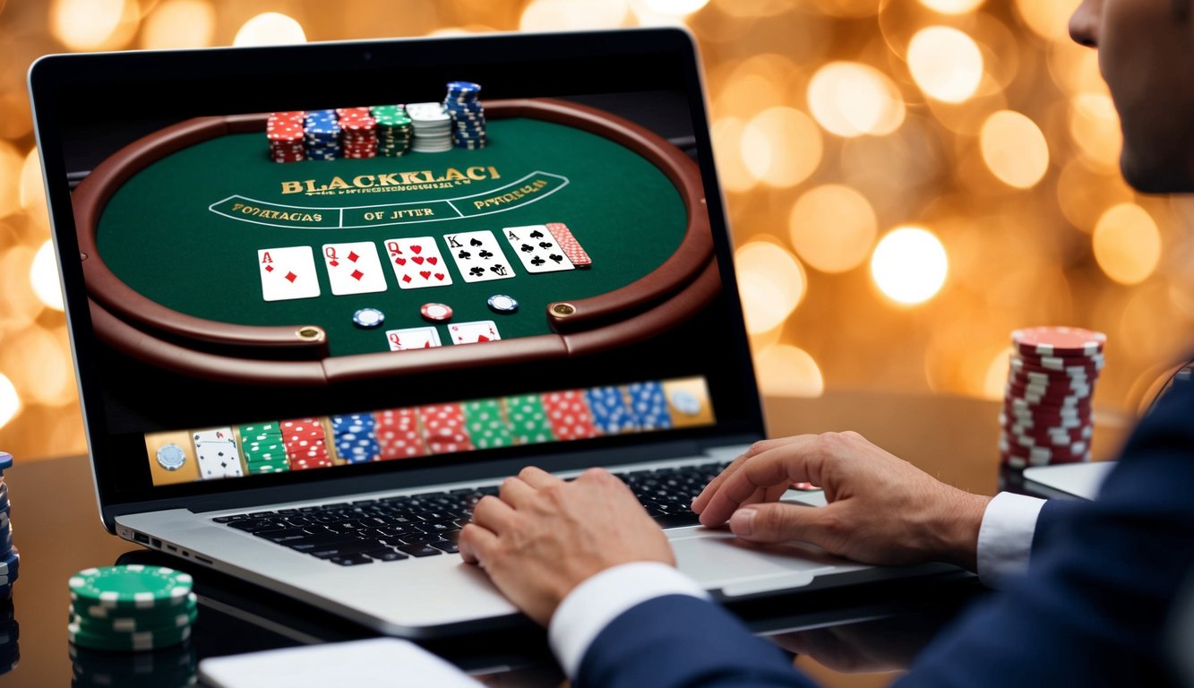 Sebuah meja blackjack virtual dengan kartu, chip, dan dealer di layar komputer