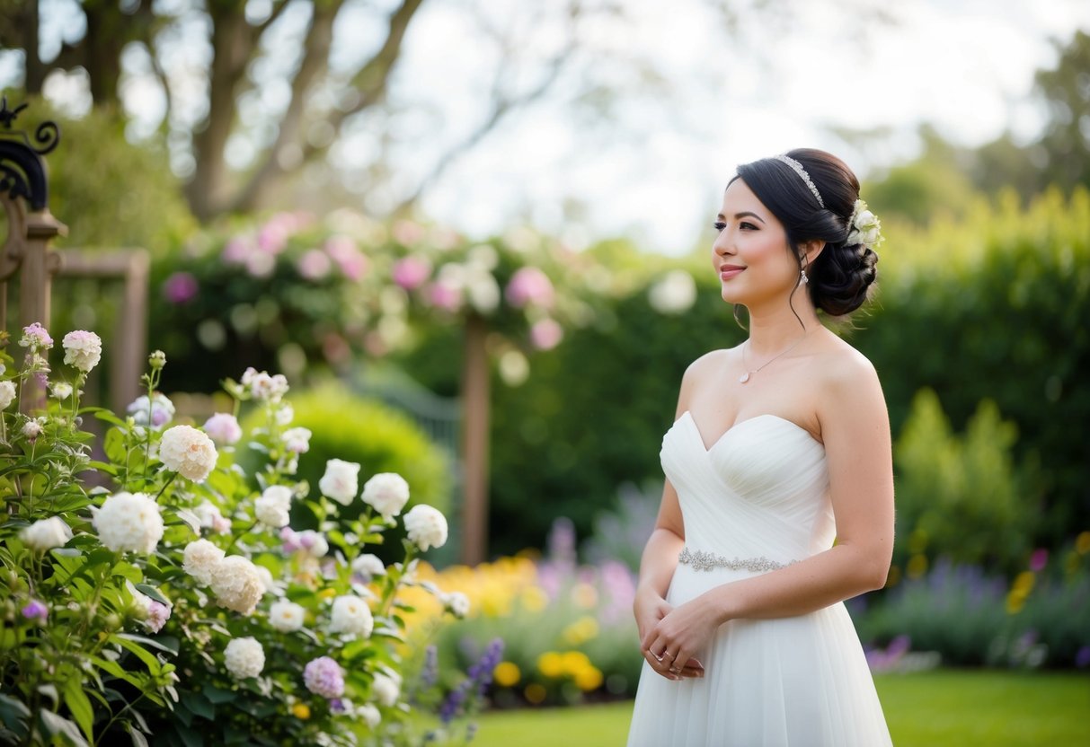 A bride standing alone in a garden, surrounded by blooming flowers and decorative elements, looking serene and content