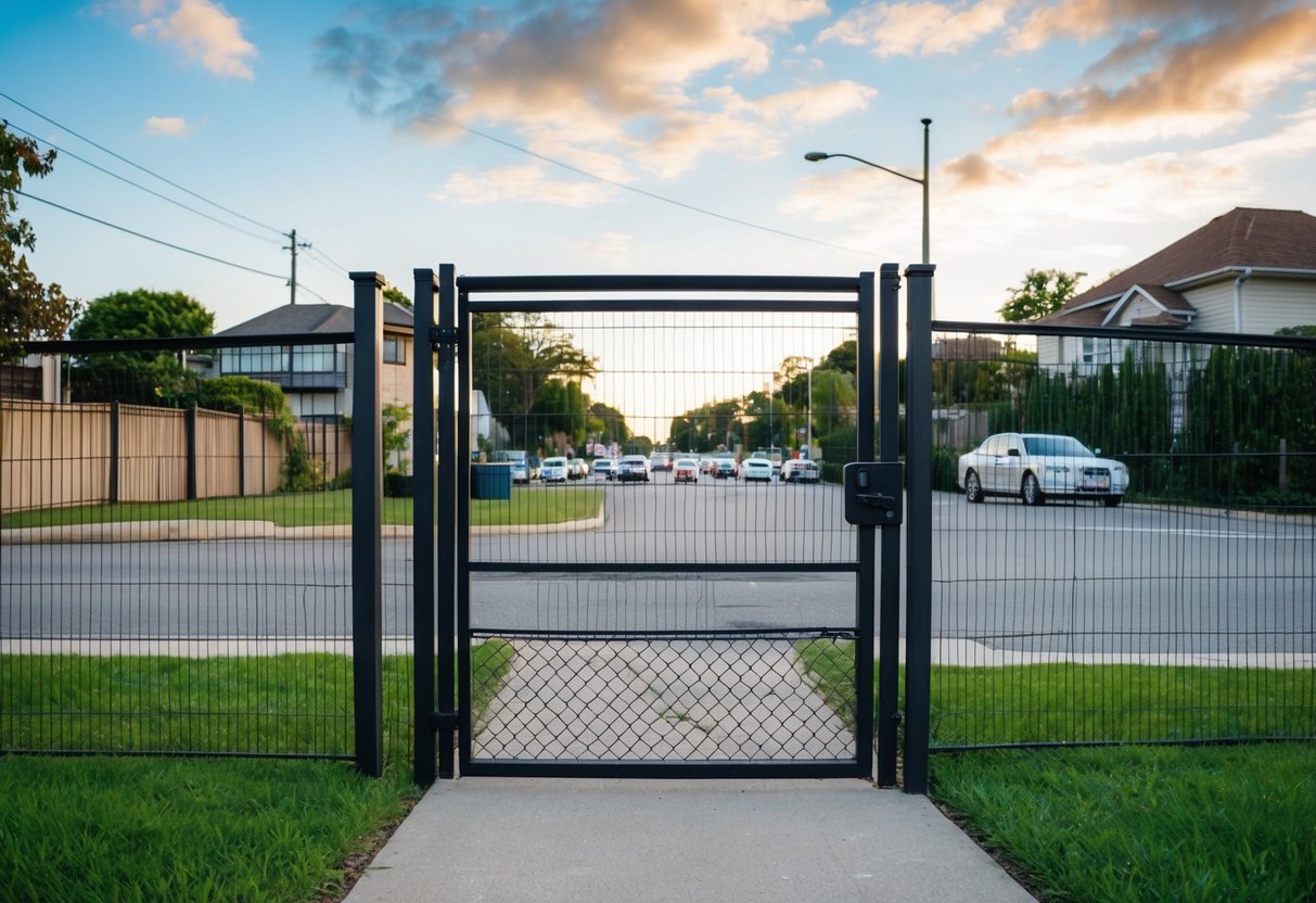 A fenced-in yard with a gate left open, leading to a busy street