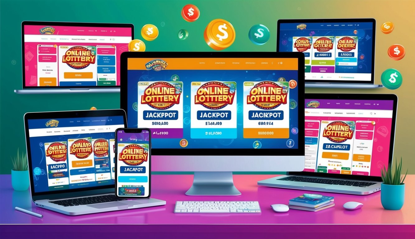 Antarmuka digital yang berwarna-warni dan hidup menampilkan berbagai situs lotere online dengan hadiah jackpot besar