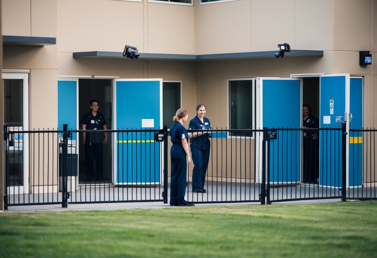 A care environment with open doors and windows, surrounded by a fence with a locked gate. Security cameras and staff monitoring the area
