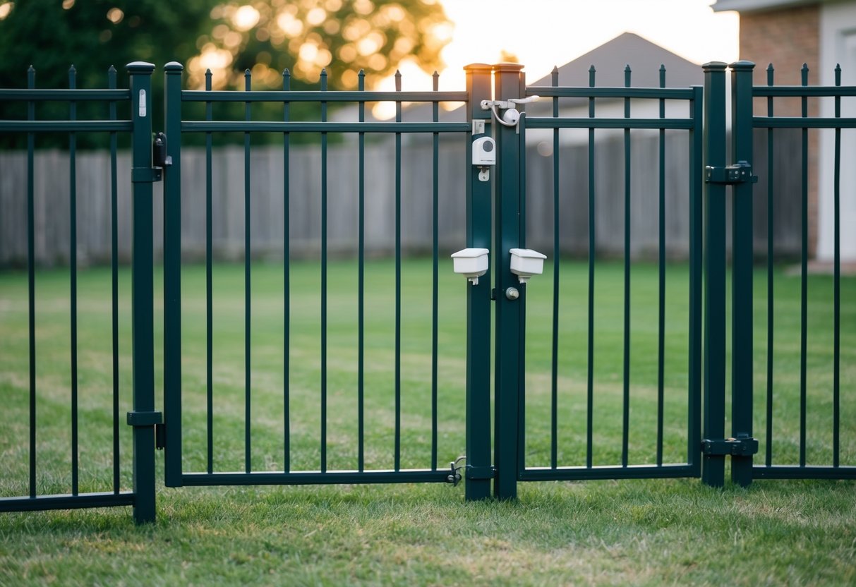 A fenced yard with locked gates, motion sensors, and security cameras