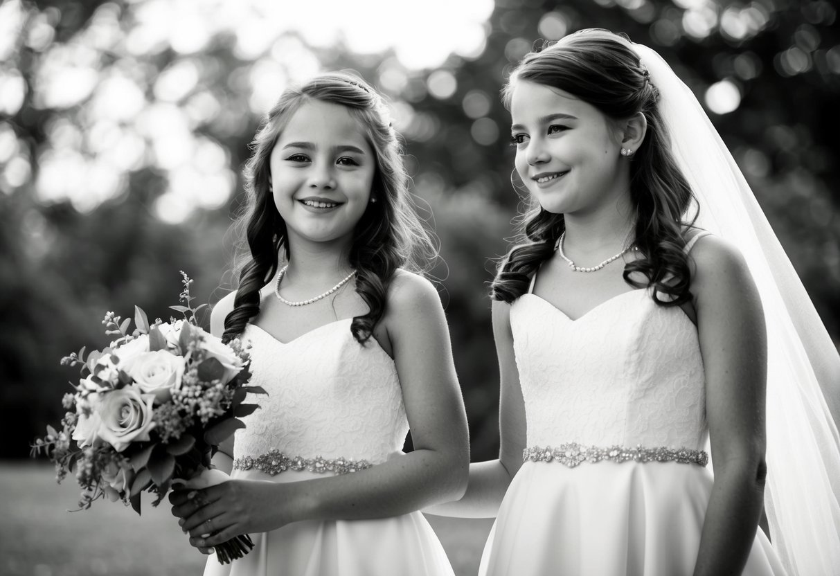 A 14-year-old girl stands beside a bride, holding a bouquet and smiling. She wears a matching dress and looks confident and proud