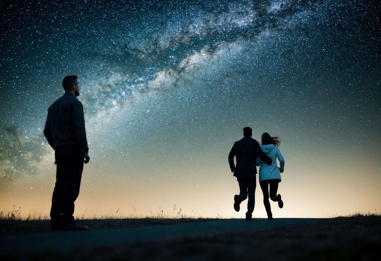 A lone figure watches from a distance as a couple runs away together under a starry night sky