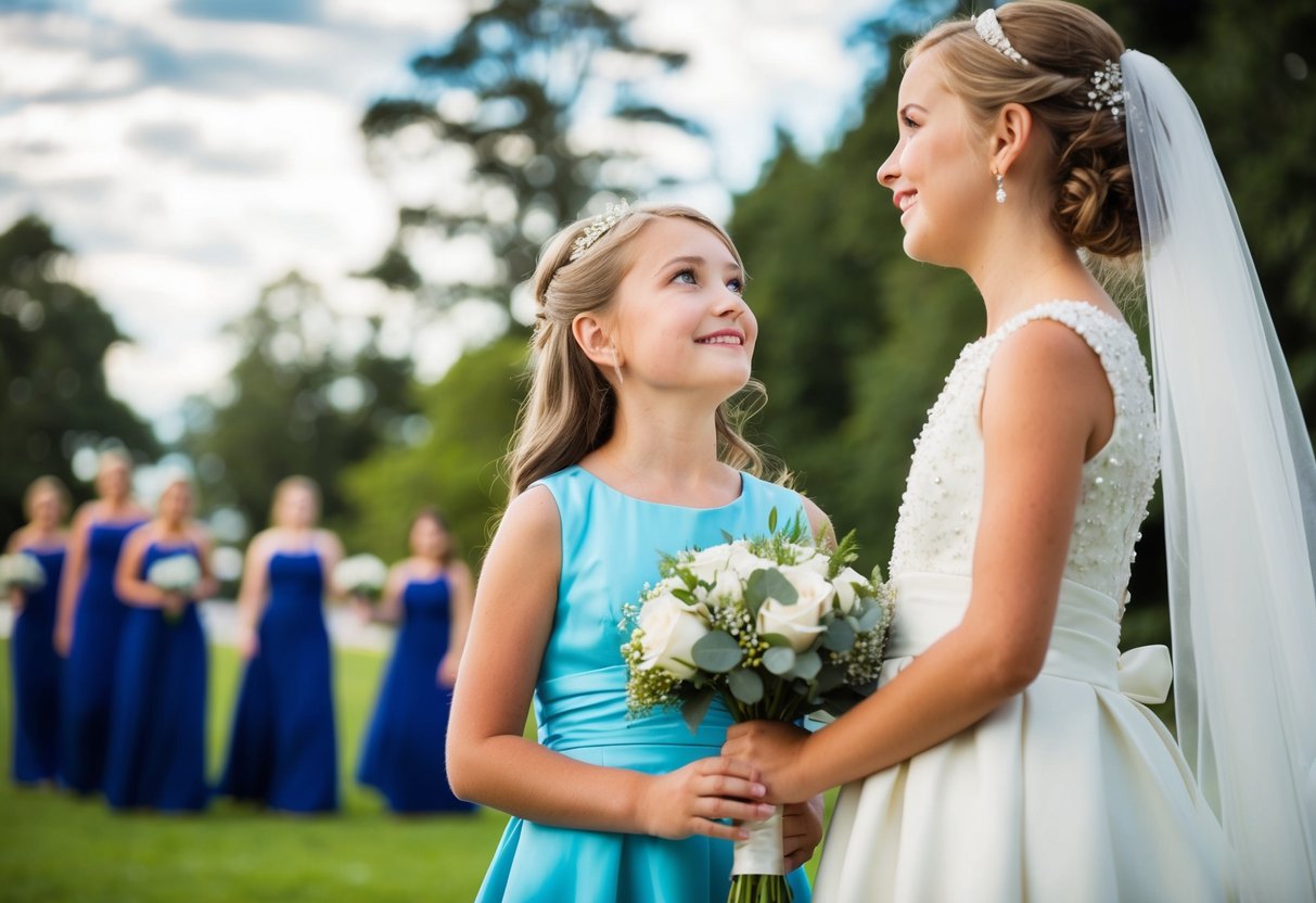 A 14-year-old girl stands beside a bride, holding a bouquet and wearing a matching dress. She looks up at the bride with admiration and excitement